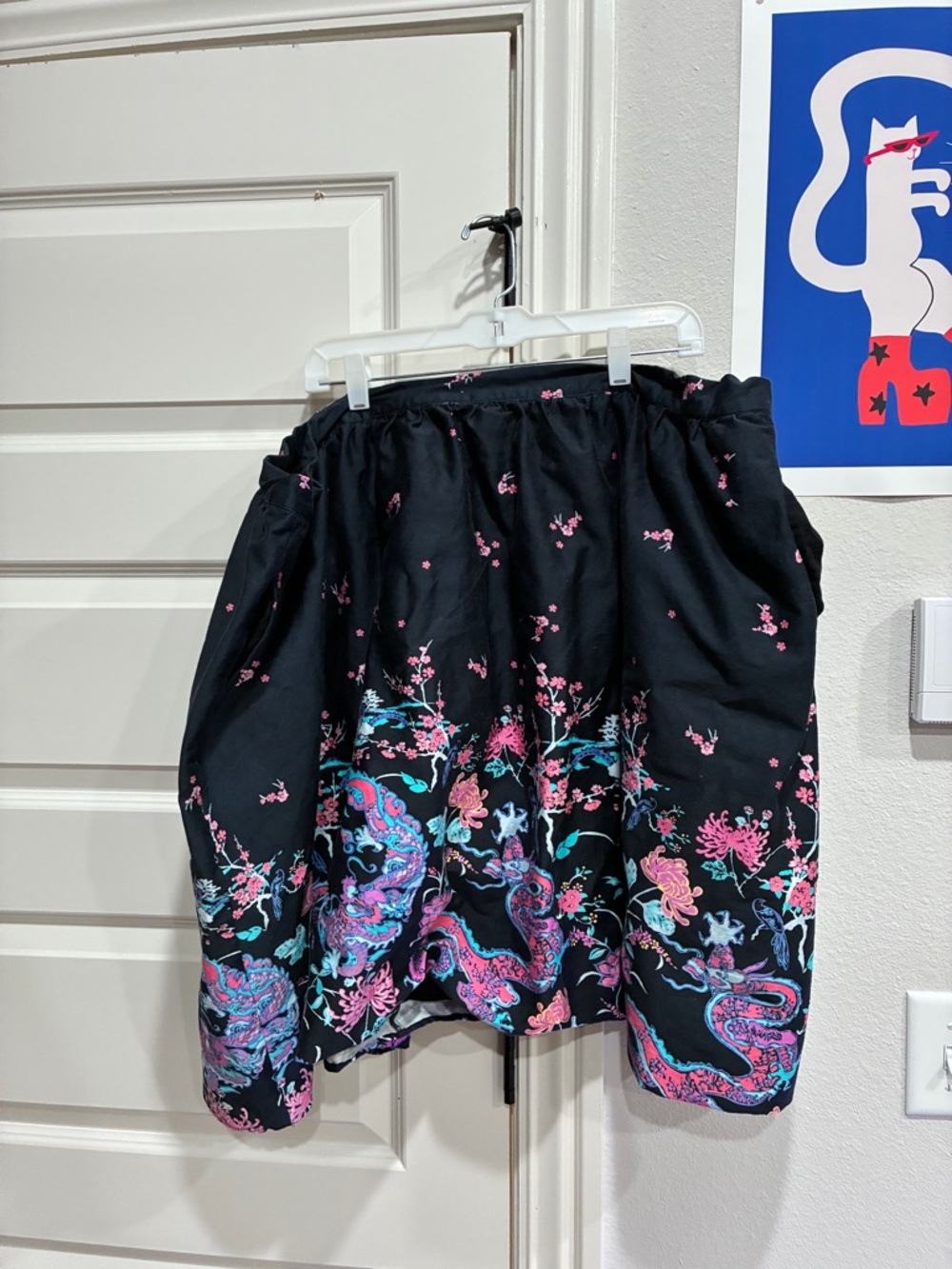 ModCloth Black Circle Skirt with Pink & Turquoise Dragon Floral Print